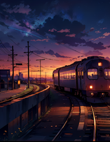 行驶或停在轨道上的火车在唯美夕阳下的各种类型AI壁纸图片