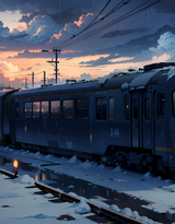 行驶或停在轨道上的火车在唯美夕阳下的各种类型AI壁纸图片