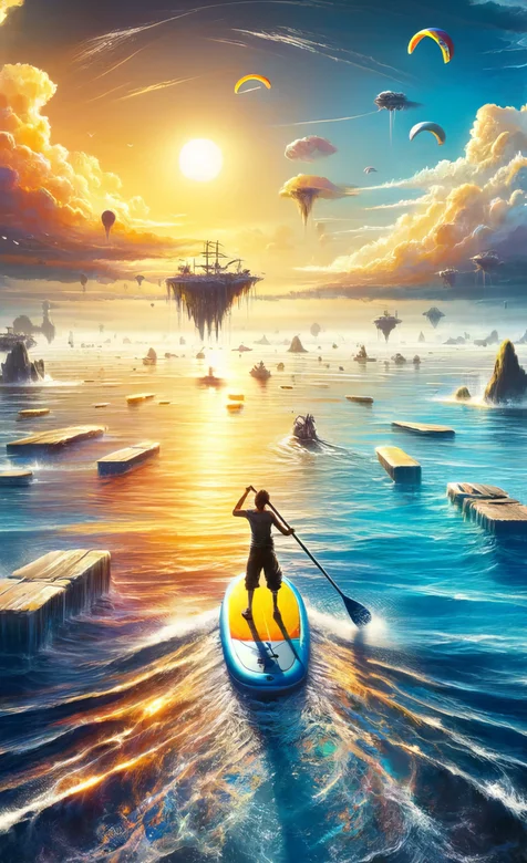 悬浮在大海上的梦幻之岛，海洋，划着皮划艇的男人唯美梦幻手机壁纸图片 – 高清 桌面壁纸 开放版权素材 免费下载 手机