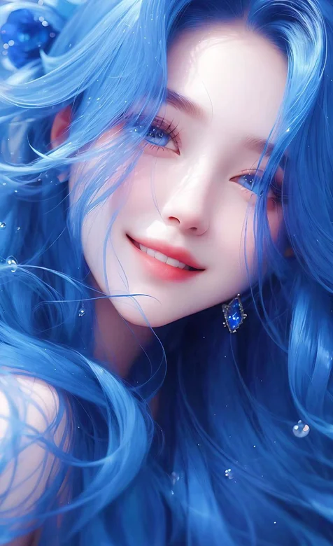 蓝发，蓝眼睛，笑容甜美的AI美女人物肖像手机壁纸图片 – 高清 桌面壁纸 开放版权素材 免费下载 手机电脑通用背景图