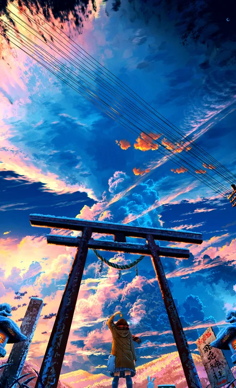 站着高大牌坊下仰望炫彩多云天空的二次元动漫少女插画手机壁纸图片 – 高清 桌面壁纸 开放版权素材 免费下载 手机电脑