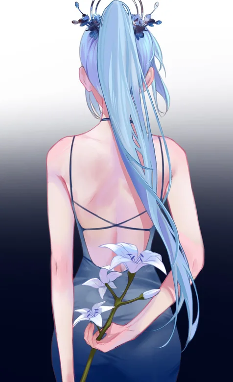 手拿一只百合花，绑着高马尾的露背装动漫女人背影手机壁纸图片 – 高清 桌面壁纸 开放版权素材 免费下载 手机电脑通用