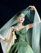 迪丽热巴头戴轻纱，身穿绿色连衣礼服裙宛若美神降临，清新淡雅，温婉如诗