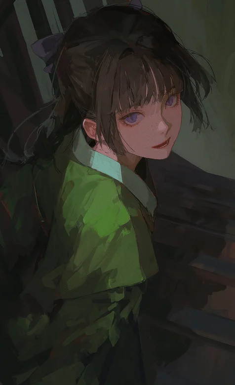 坐在木质楼梯上的绿衣女生手绘插画手机壁纸图片 – 高清 桌面壁纸 开放版权素材 免费下载 手机电脑通用背景图