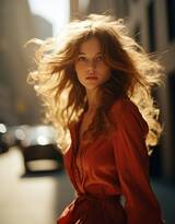 逆光，行走在街上，头发蓬松的欧美外国美少女唯美逆光798艺术摄影美照