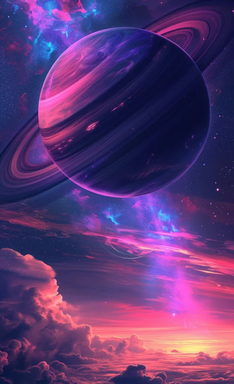 绚丽云彩上的巨大土星梦幻AI手机壁纸图片 – 高清 桌面壁纸 开放版权素材 免费下载 手机电脑通用背景图