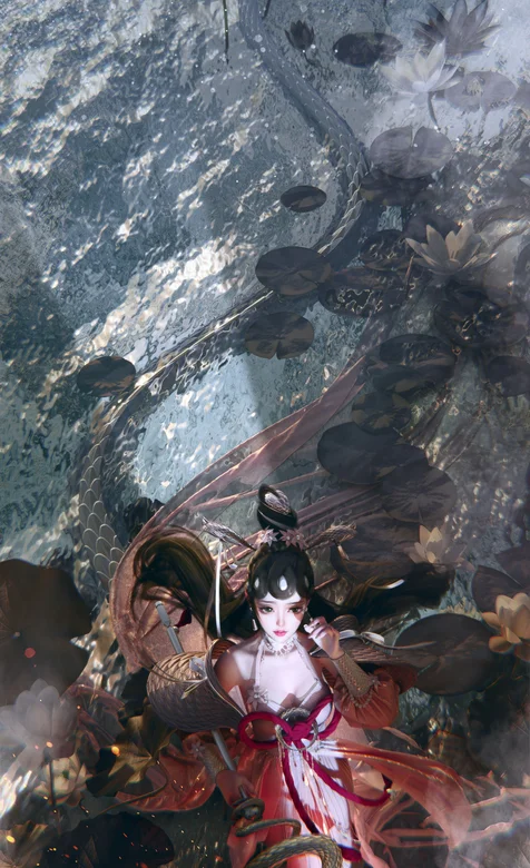 半人半蛇的美女，手提灯笼，游弋在水中的红衣古装美女蛇高清手机壁纸图片 – 高清 桌面壁纸 开放版权素材 免费下载 手