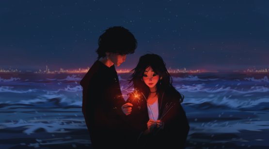 夜晚,海边,点着烟花,充满爱意的,意境很美的一对浪漫情侣唯美插画电脑