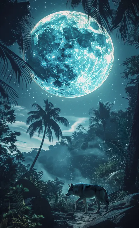 森林里的狼，夜晚，森林，巨大，明亮，近在眼前的月球AI美图手机壁纸 – 高清 桌面壁纸 开放版权素材 免费下载 手机
