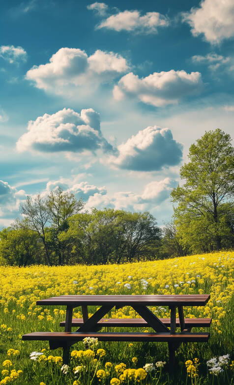 蓝蓝天空,白云朵朵,油菜花园里的椅子和桌子唯美户外风景手机壁纸图片