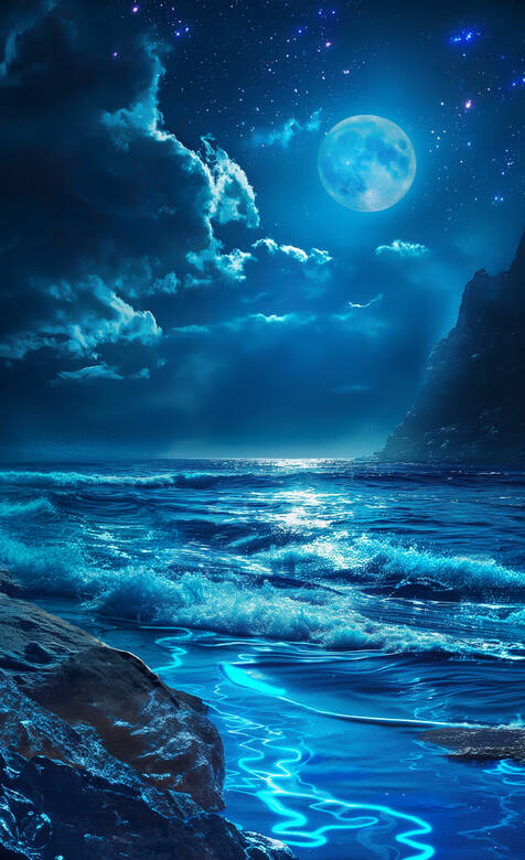 明亮夜光夜色下的安静寂静大海,海边手机壁纸图片