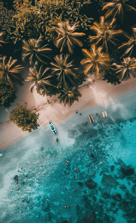 俯瞰视觉下的蓝色大海,椰树林,以及海边游泳的人唯美景色手机壁纸