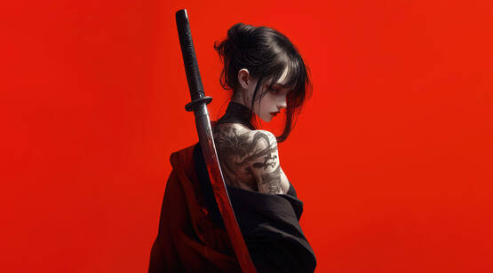 红色背景,背着武士刀的纹身非主流美女侧颜美图超高清8k壁纸武士刀