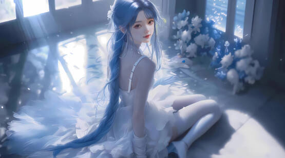 坐在地板上 吊带 天鹅裙 白裙 蓝发 马尾辫发型 动漫ai美少女美图壁纸