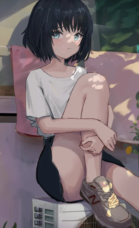 抱着膝盖，坐在空调外机上的可爱短发动漫小女生，萝莉插画手机壁纸图片 – 高清 桌面壁纸 开放版权素材 免费下载 手机