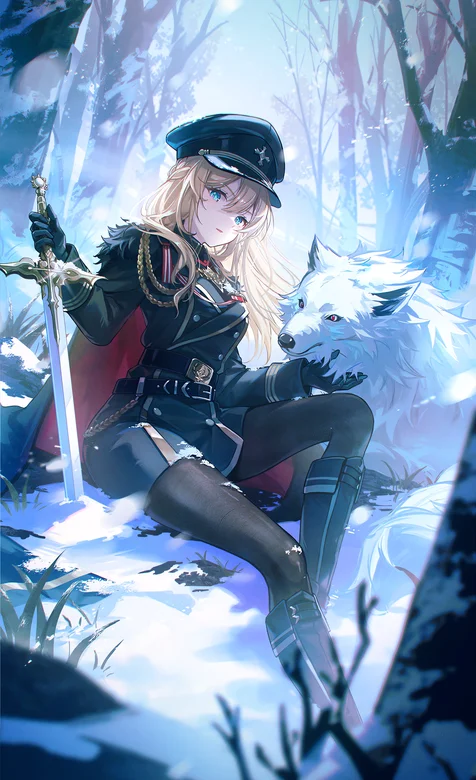 狼和少女，宝剑，雪地，坐在雪地上的动漫女生和雪狼手机壁纸壁纸插画图片 – 高清 桌面壁纸 开放版权素材 免费下载 手