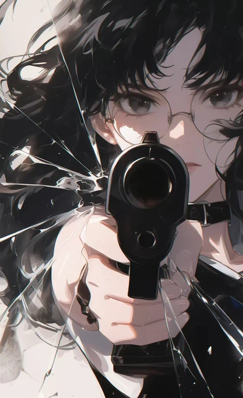 眼镜女孩，拿着手枪对着你，碎玻璃，动漫女孩手机壁纸图片 – 高清 桌面壁纸 开放版权素材 免费下载 手机电脑通用背景