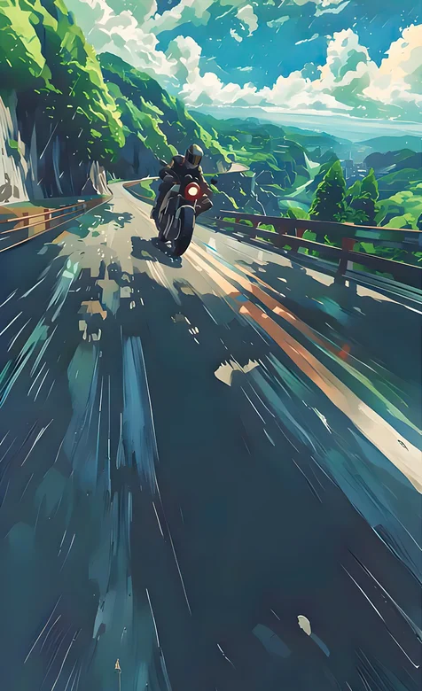 骑着摩托车行走在山岭间公路的骑行者插画动漫手机壁纸图片 – 高清 桌面壁纸 开放版权素材 免费下载 手机电脑通用背景