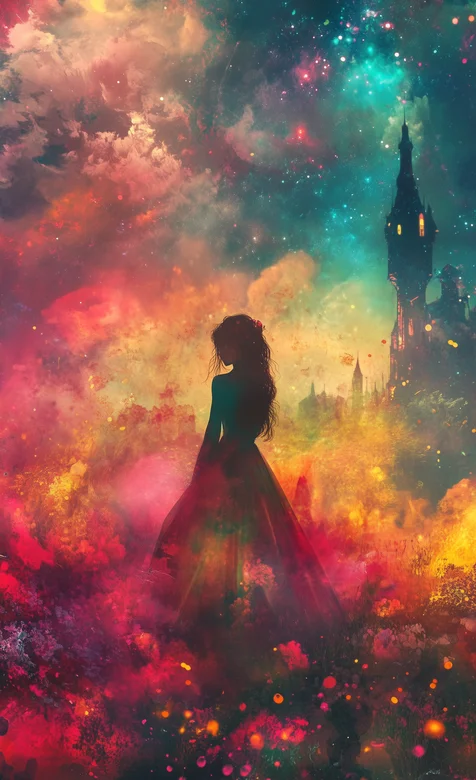 奇幻瑰丽的城堡外，行走在烟雾中的欧美裙装少女插画手机壁纸图片 – 高清 桌面壁纸 开放版权素材 免费下载 手机电脑通