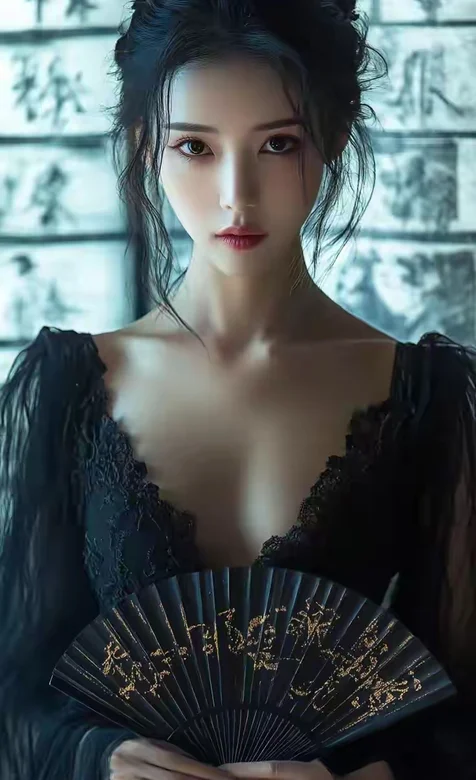 冷艳美女，拿着黑色折扇，身着深V黑裙的古装AI美女手机壁纸图片 – 高清 桌面壁纸 开放版权素材 免费下载 手机电脑