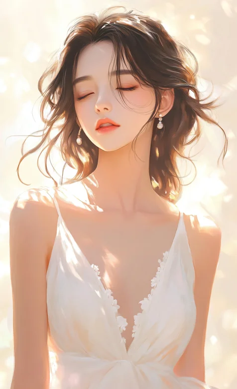 闭着眼睛，高颜值气质美女低胸吊带白裙AI美图手机壁纸 – 高清 桌面壁纸 开放版权素材 免费下载 手机电脑通用背景图
