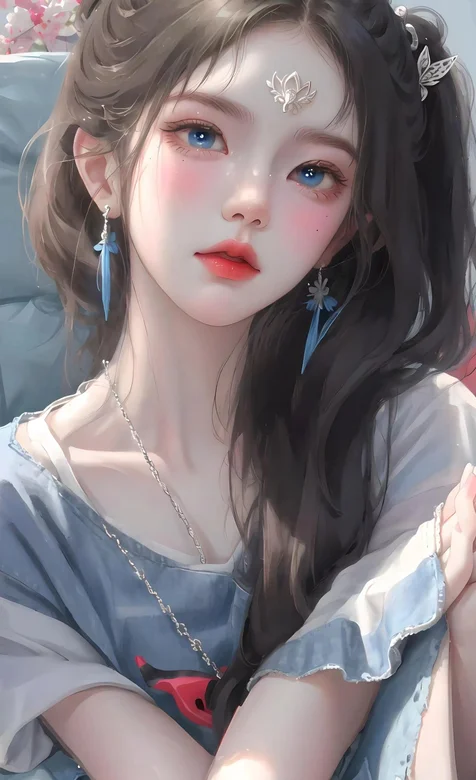 蓝色眼睛，红唇，T恤AI美女手机壁纸图片 – 高清 桌面壁纸 开放版权素材 免费下载 手机电脑通用背景图