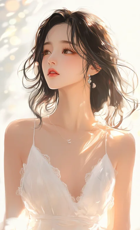 侧颜，高颜值气质美女低胸吊带白裙AI美图手机壁纸2 – 高清 桌面壁纸 开放版权素材 免费下载 手机电脑通用背景图