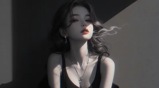性感女神，身着黑色背心的高颜值气质美女小姐姐AI美图壁纸图片 – 高清 桌面壁纸 开放版权素材 免费下载 手机电脑通