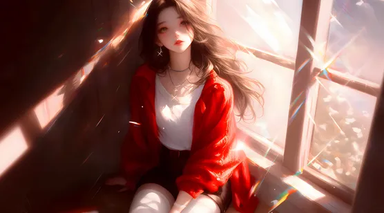 暖阳如春，希望与温暖，坐在窗户边的红衣短裤长发气质AI美女桌面壁纸图片 – 高清 桌面壁纸 开放版权素材 免费下载