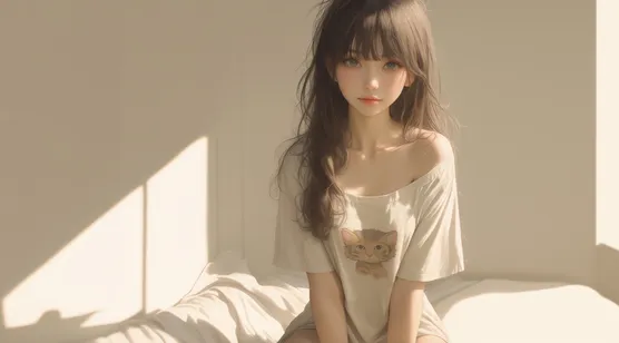 窗户，阳光，坐在床上，穿着小猫图案T恤衫的刘海卷发发型AI美女好看桌面壁纸 – 高清 桌面壁纸 开放版权素材 免费下
