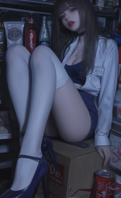 齐刘海长发美女，坐在纸箱上，靠着货架的美腿丝袜高跟短裤AI美女手机壁纸图片 – 高清 桌面壁纸 开放版权素材 免费下