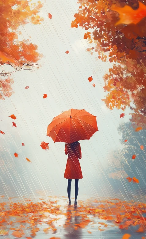 下雨天，枫树，落叶，雨水 撑红伞的女人背影手机壁纸图片 – 高清 桌面壁纸 开放版权素材 免费下载 手机电脑通用背景