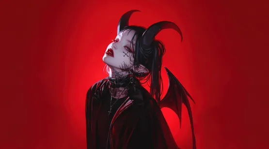 恶魔少女，红唇，脖子纹身，头上长角，背上一对蝙蝠翅膀的恶魔少女AI美图壁纸 – 高清 桌面壁纸 开放版权素材 免费下