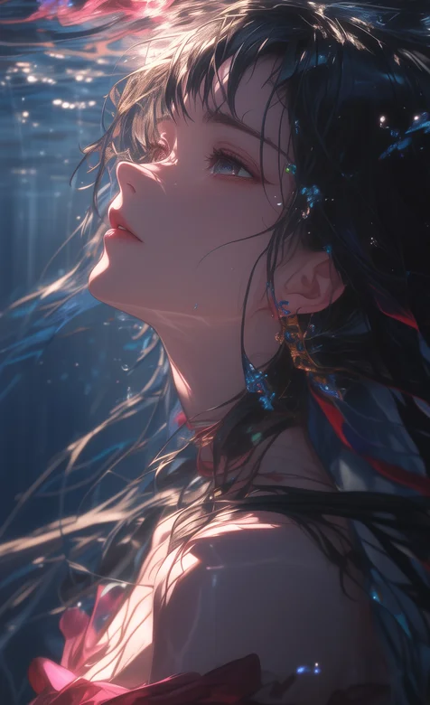 在水中，穿着抹胸红裙，鼻子高挺的AI美女手机壁纸图片 – 高清 桌面壁纸 开放版权素材 免费下载 手机电脑通用背景图