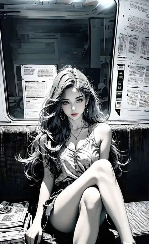 报纸墙，翘着二郎腿坐在报刊，书刊上的美腿长发AI美女黑白手机壁纸图片 – 高清 桌面壁纸 开放版权素材 免费下载 手