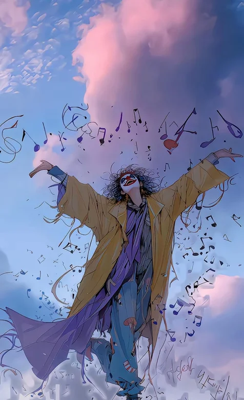 小丑女，音符，天空，张开双臂的小丑女手机壁纸插画 – 高清 桌面壁纸 开放版权素材 免费下载 手机电脑通用背景图