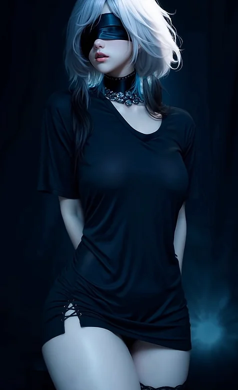 蒙眼美女1 性感紧身黑色包臀裙的白色头发蒙眼AI美女手机壁纸 – 高清 桌面壁纸 开放版权素材 免费下载 手机电脑通