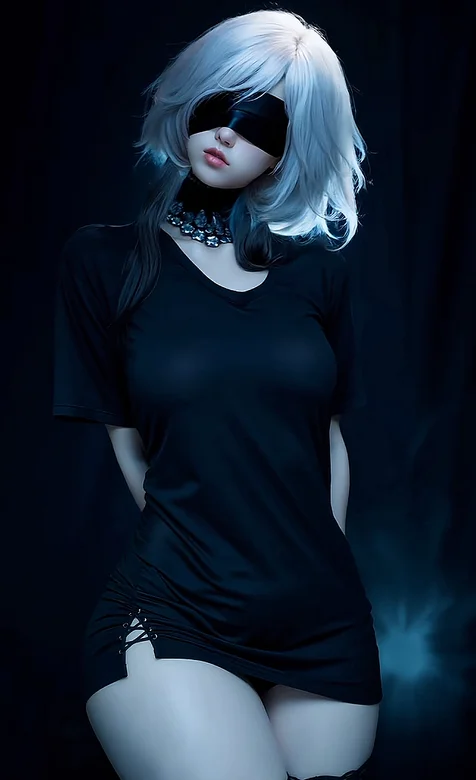 蒙眼美女2 性感紧身黑色包臀裙的白色头发蒙眼AI美女手机壁纸 – 高清 桌面壁纸 开放版权素材 免费下载 手机电脑通