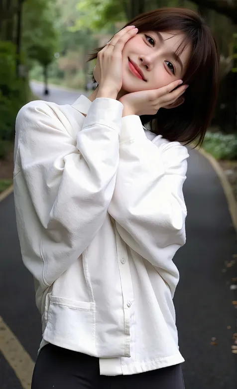 林间少女，双手托腮，身着紧身裤的可爱短发美少女晨跑AI手机美图壁纸 – 高清 桌面壁纸 开放版权素材 免费下载 手机