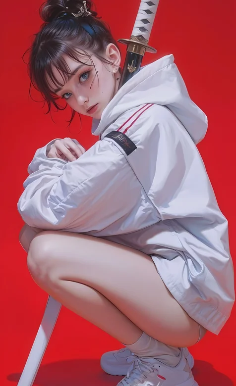 酷飒AI美少女，蹲在地上，抱着武士刀的白色防风衣短裤美少女手机壁纸图片 – 高清 桌面壁纸 开放版权素材 免费下载