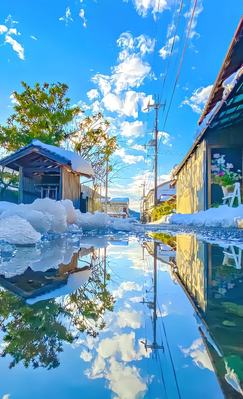 清新小镇，小屋，路面上融化的冰水，倒影，AI风景手机壁纸图片 – 高清 桌面壁纸 开放版权素材 免费下载 手机电脑通-iPhone17-1