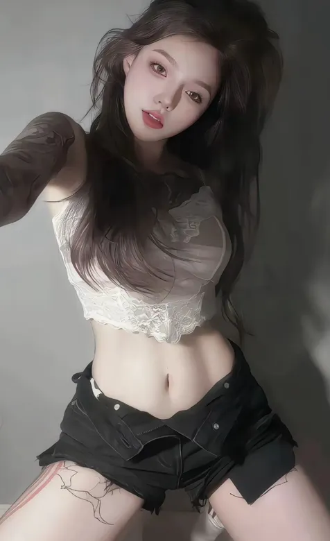 酷飒美女，张开双腿，半跪在地上纹身AI美女白衣短裤小蛮腰手机壁纸图片 – 高清 桌面壁纸 开放版权素材 免费下载 手-iPhone17-1