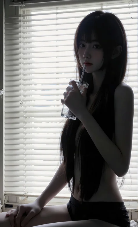 百叶窗前，坐在边沿，手拿玻璃杯喝水的裸身短裤AI长发美女手机壁纸图片 – 高清 桌面壁纸 开放版权素材 免费下载 手-iPhone17-1