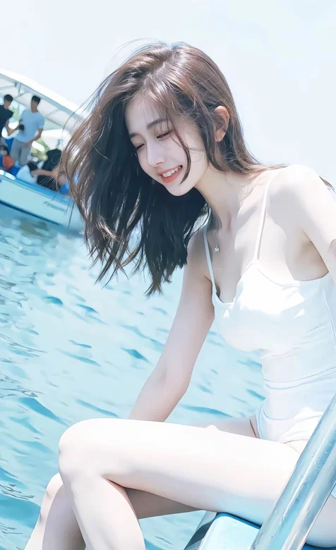 坐在观光小船边沿上玩水的甜美笑容比基尼美女手机壁纸图片 – 高清 桌面壁纸 开放版权素材 免费下载 手机电脑通用背景-iPhone17-1