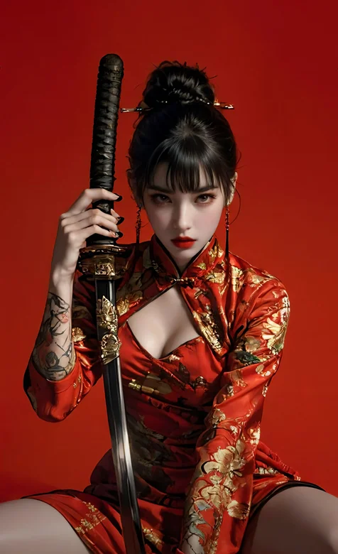 手扶着刀，旗袍装AI美女酷飒手机壁纸图片 – 高清 桌面壁纸 开放版权素材 免费下载 手机电脑通用背景图