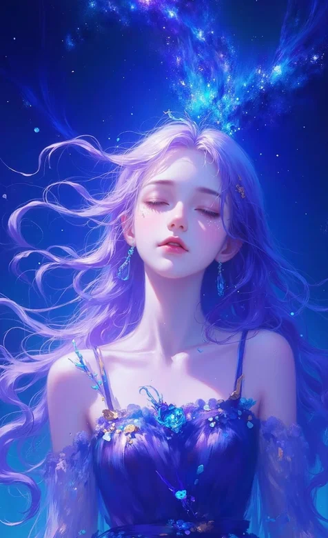 梦幻唯美！蓝色星空下，AI美少女身着吊带抹胸裙，闭眼享受宁静瞬间手机壁纸 – 高清 桌面壁纸 开放版权素材 免费下载
