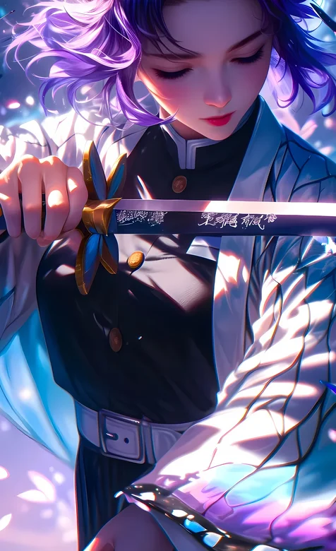 蝴蝶忍插画，光影绚丽背景，手拿武士刀的蝴蝶忍AI手机壁纸图片 – 高清 桌面壁纸 开放版权素材 免费下载 手机电脑通