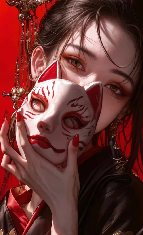 手持白底红纹狐面面具，头发高高盘起，典雅华贵的AI古风美女手机壁纸图片 – 高清 桌面壁纸 开放版权素材 免费下载