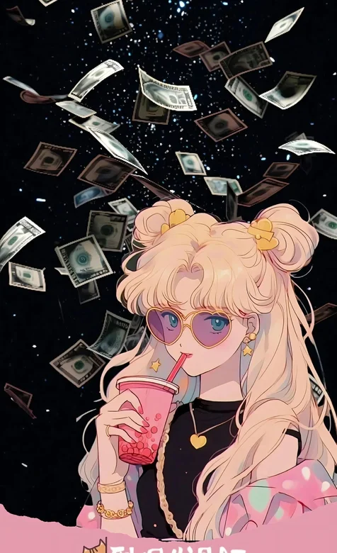 美少女战士，到你发财了文字，喝着饮料的美少女战士创意插画壁纸图片 – 高清 桌面壁纸 开放版权素材 免费下载 手机电