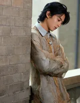  王鹤棣浅棕晕染衬衫复古优雅，清俊有型写真图片